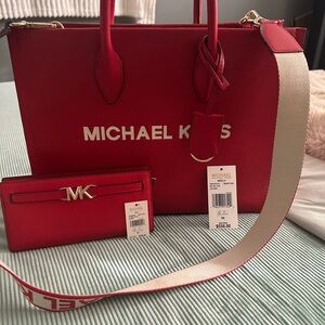 Michael Kors Bright Red Medium MirellaTote Bag. With matching wallet